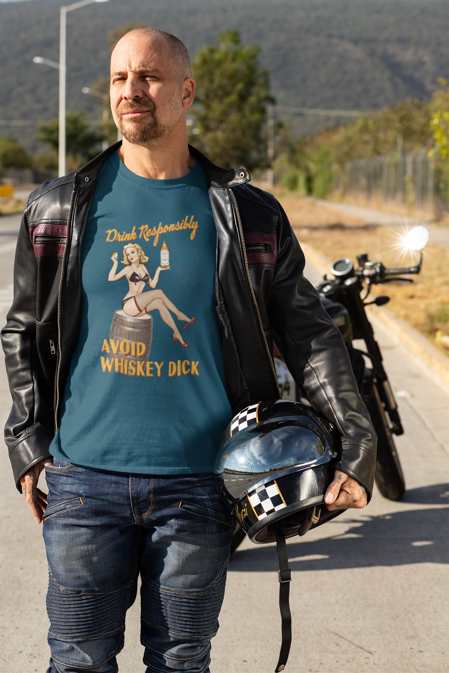 Blue t-shirt featuring Drink Responsibly and Avoid Whiskey Dick slogan
