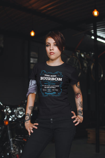 Drink More Bourbon, Hand Sanitizer for Your Insides Women's Black T-Shirt on Model