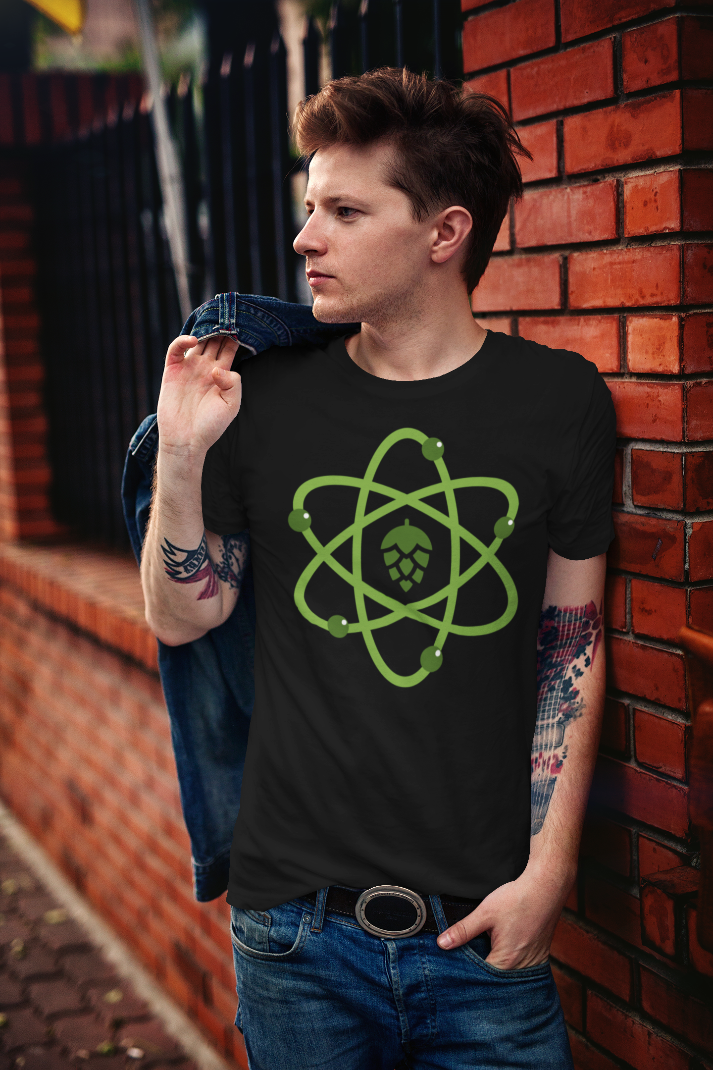 Black T-shirt celebrating the science of beer brewing with a molecular-style design