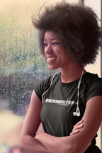 Ladies’ beer T-shirt celebrating homebrewing with a nostalgic action hero vibe