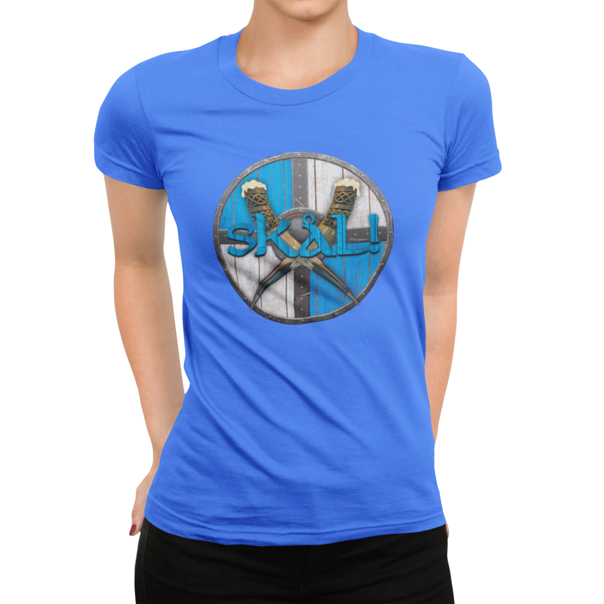 Bold runic text and Norse-themed beer design on women's blue shirt