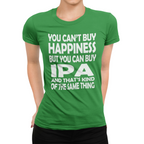 Playful beer mantra printed in bold uppercase across chest of green women's tee