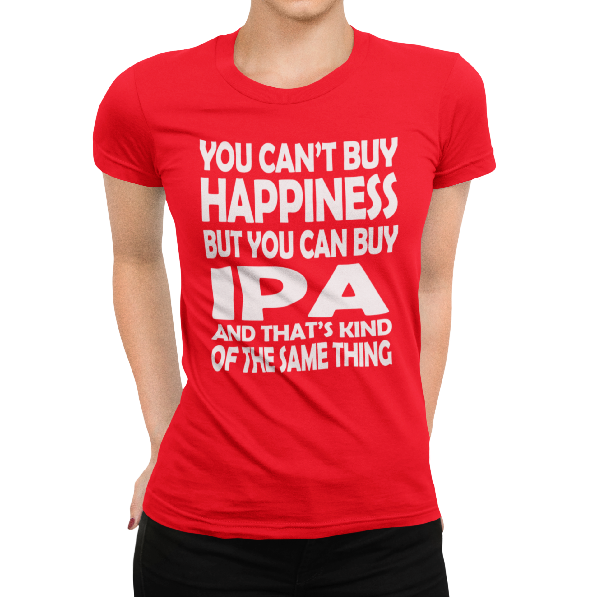 High-contrast white text slogan women's tee for craft-beer enthusiasts
