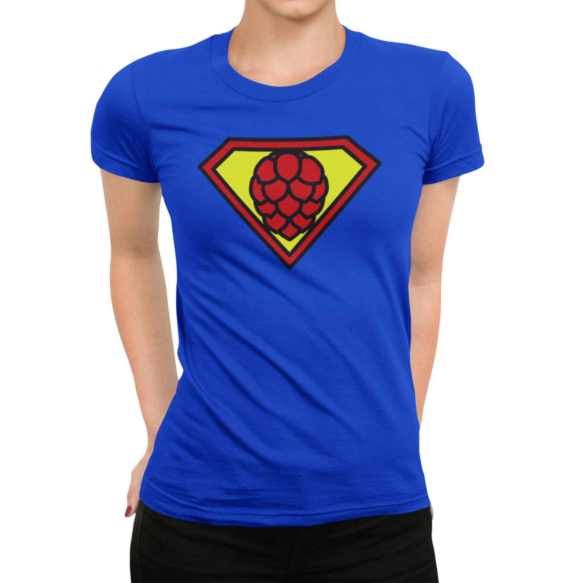 Women's beer t-shirt with stylized hop replacing Superman logo