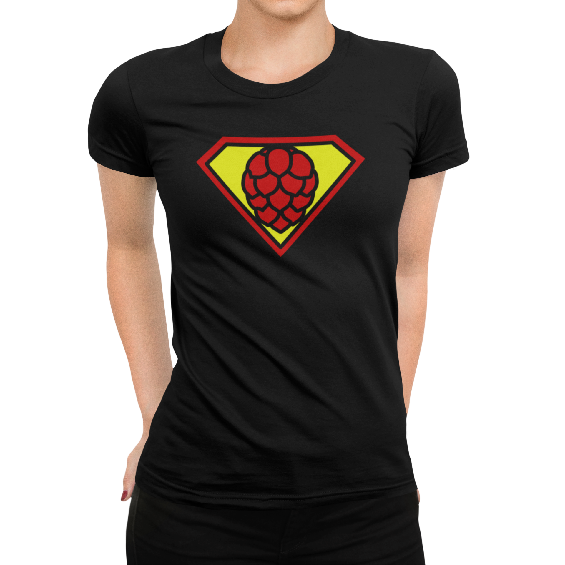 Front view of women's black SuperHop brewing symbol on cotton shirt