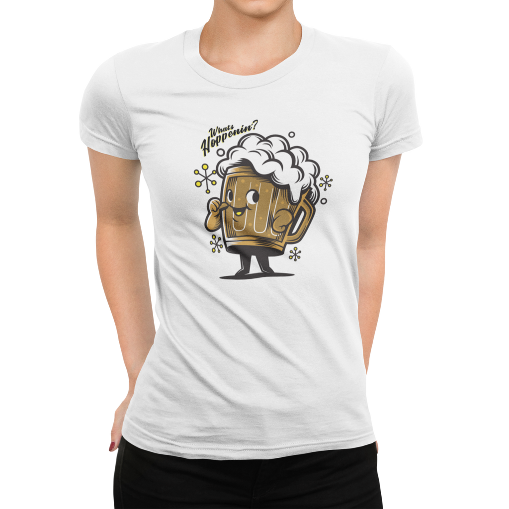 What’s Hoppenin’ script above anthropomorphic beer graphic on women's t-shirt.