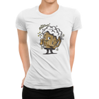 What’s Hoppenin’ script above anthropomorphic beer graphic on women's t-shirt.