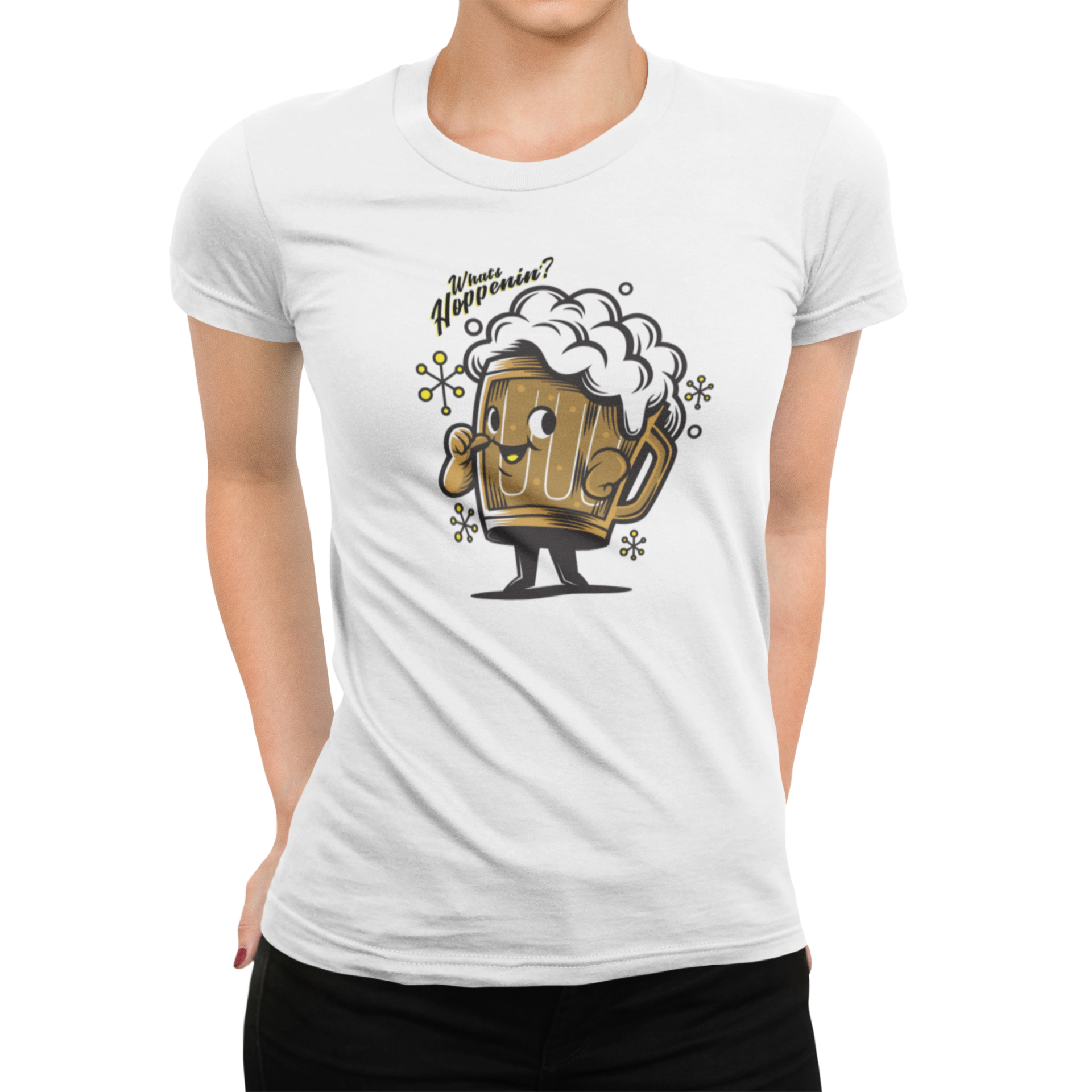 What’s Hoppenin’ script above anthropomorphic beer graphic on women's t-shirt.