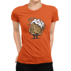 Happy beer mug character with hop-sparkle accents on women's shirt