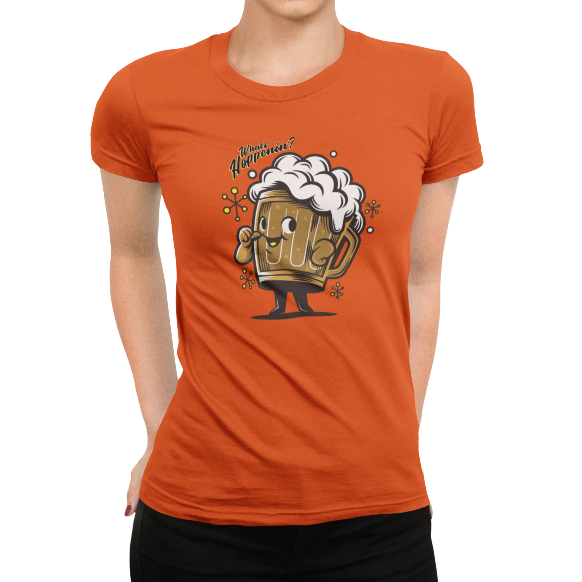 Happy beer mug character with hop-sparkle accents on women's shirt