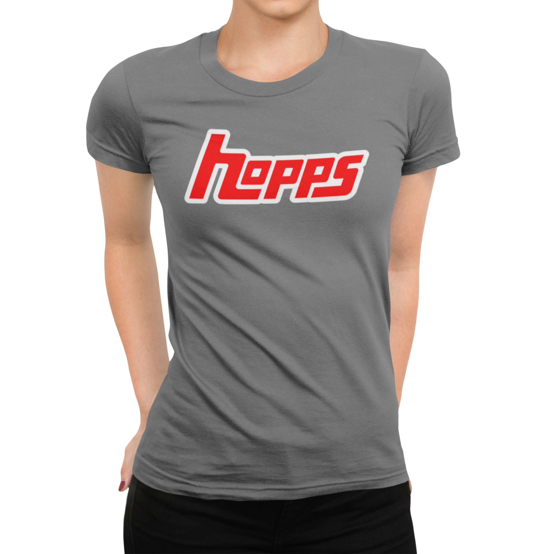Women's gray shirt with red-and-white Hopps homebrew beer logo