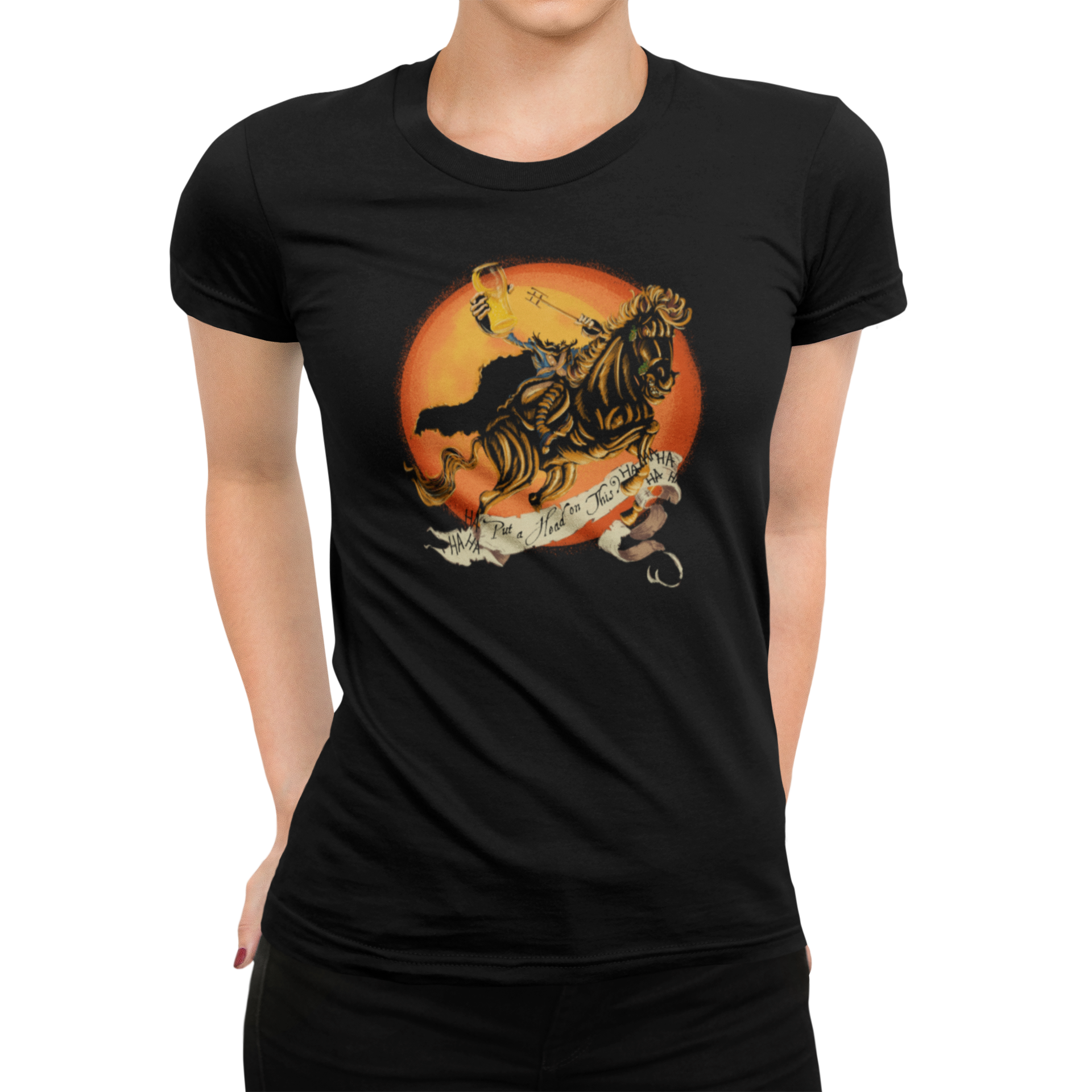 Spooky Hopless Horseman design on black women's shirt with orange moon background