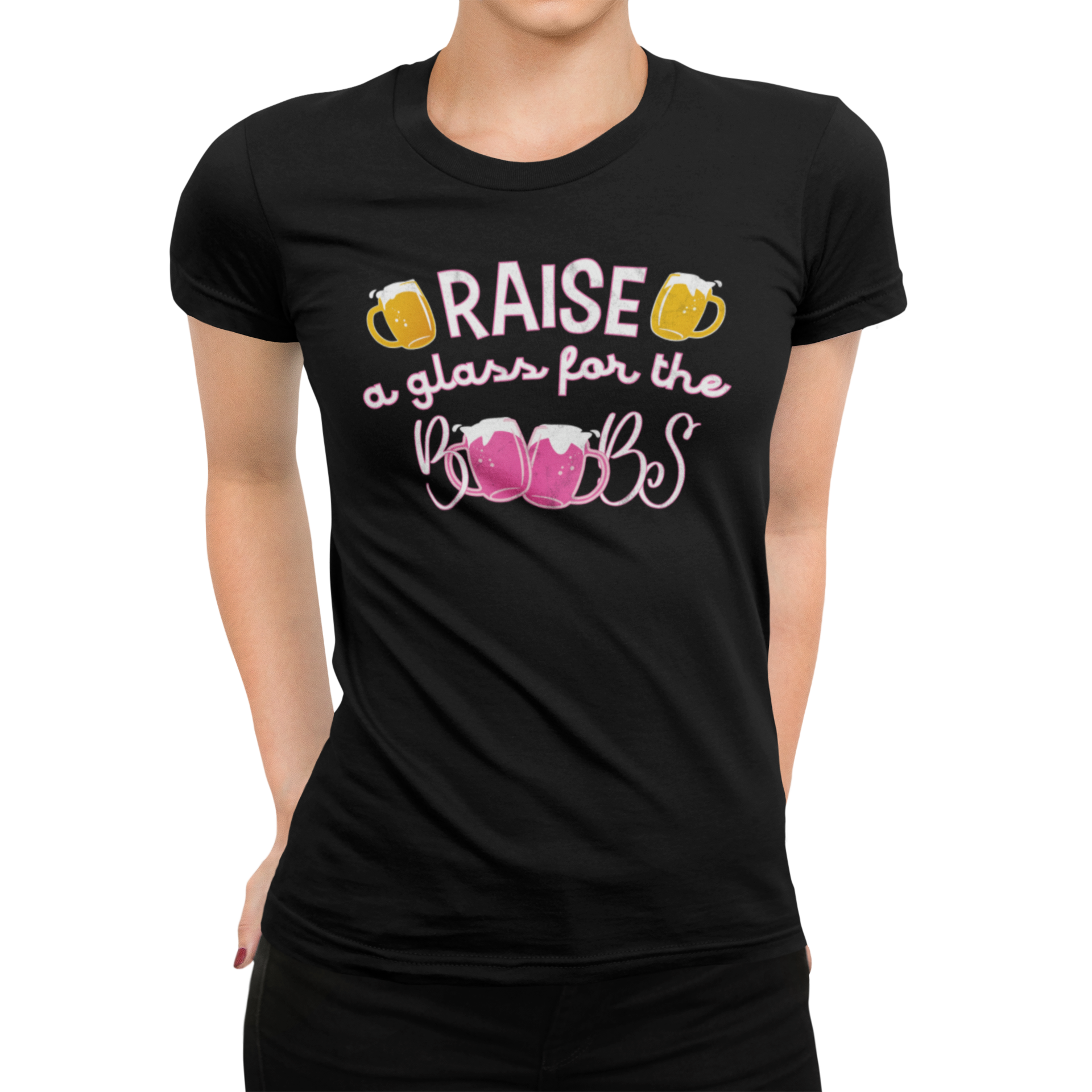 Raise A Glass For The Boobs Breast Cancer Awareness T-Shirt - BrewSwag