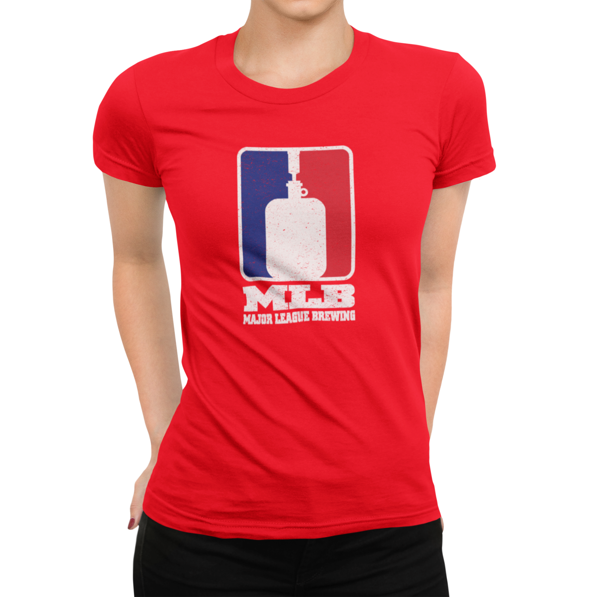 Sporty women's red t-shirt combining baseball and craft beer themes