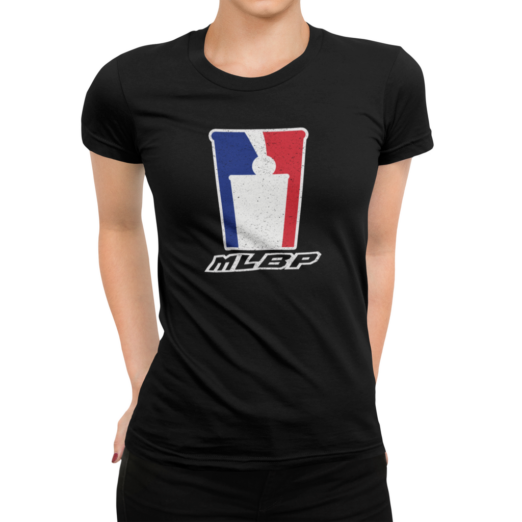 Front view of women's vintage beer pong league graphic tee