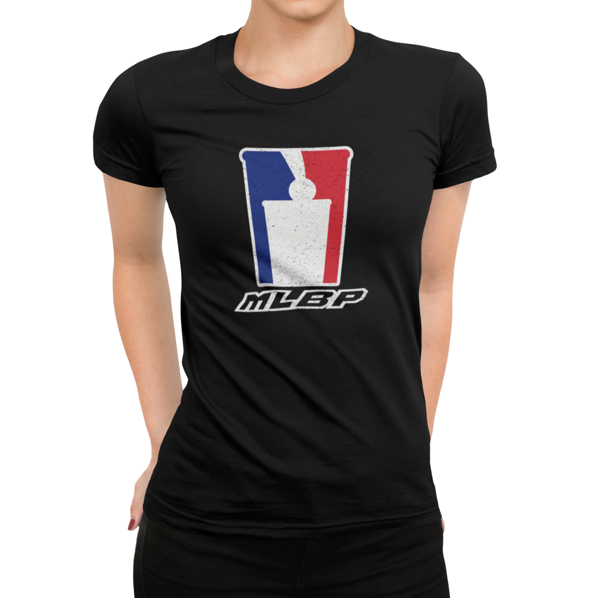 Front view of women's vintage beer pong league graphic tee