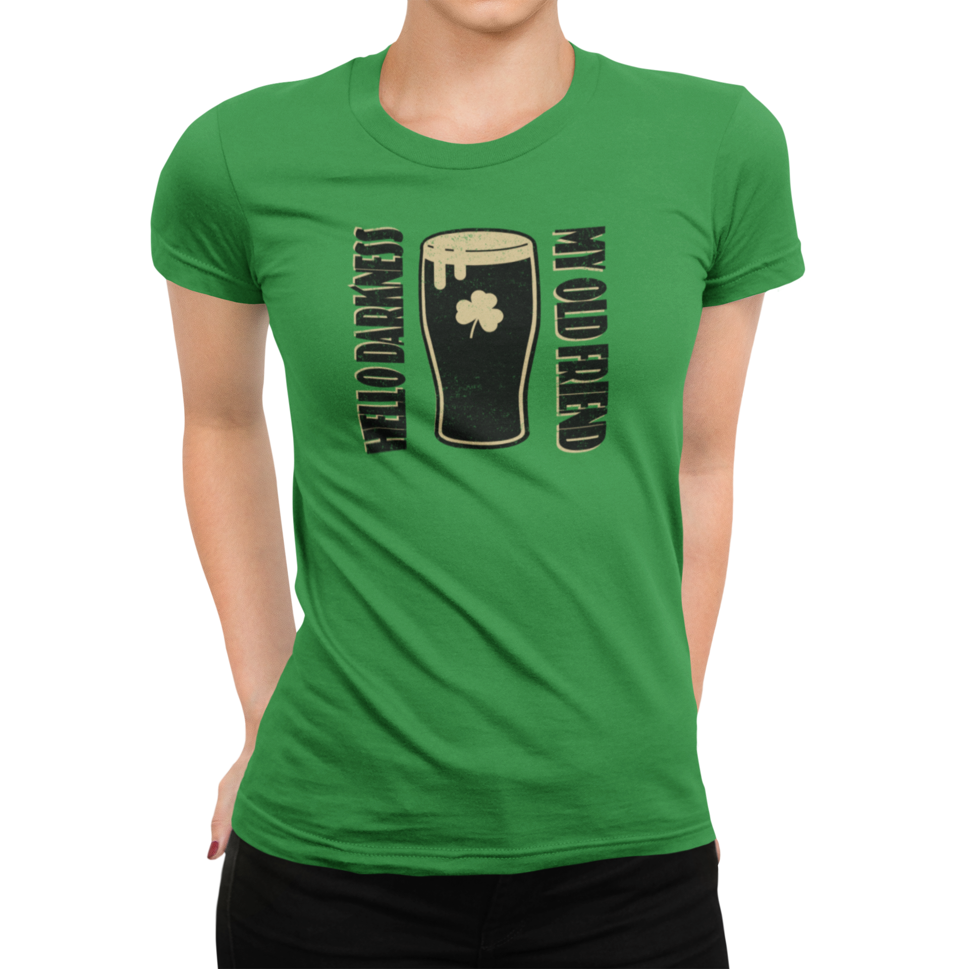 Women's stout lover’s t-shirt with shamrock and Hello Darkness text”