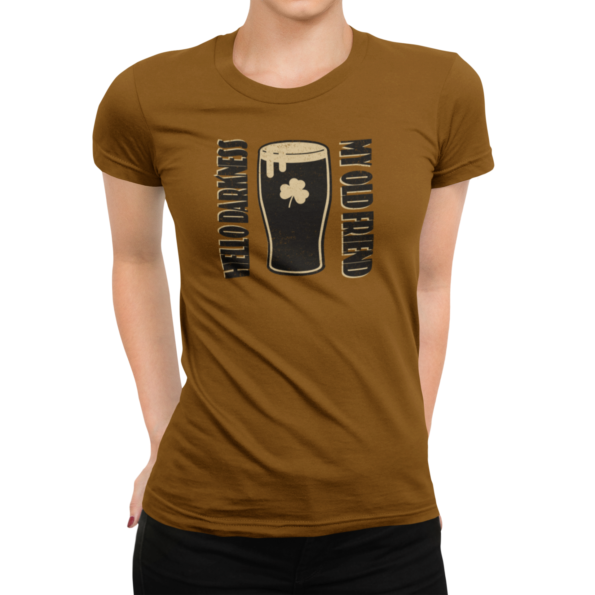 Brown women's craft beer t-shirt with Hello Darkness stout design