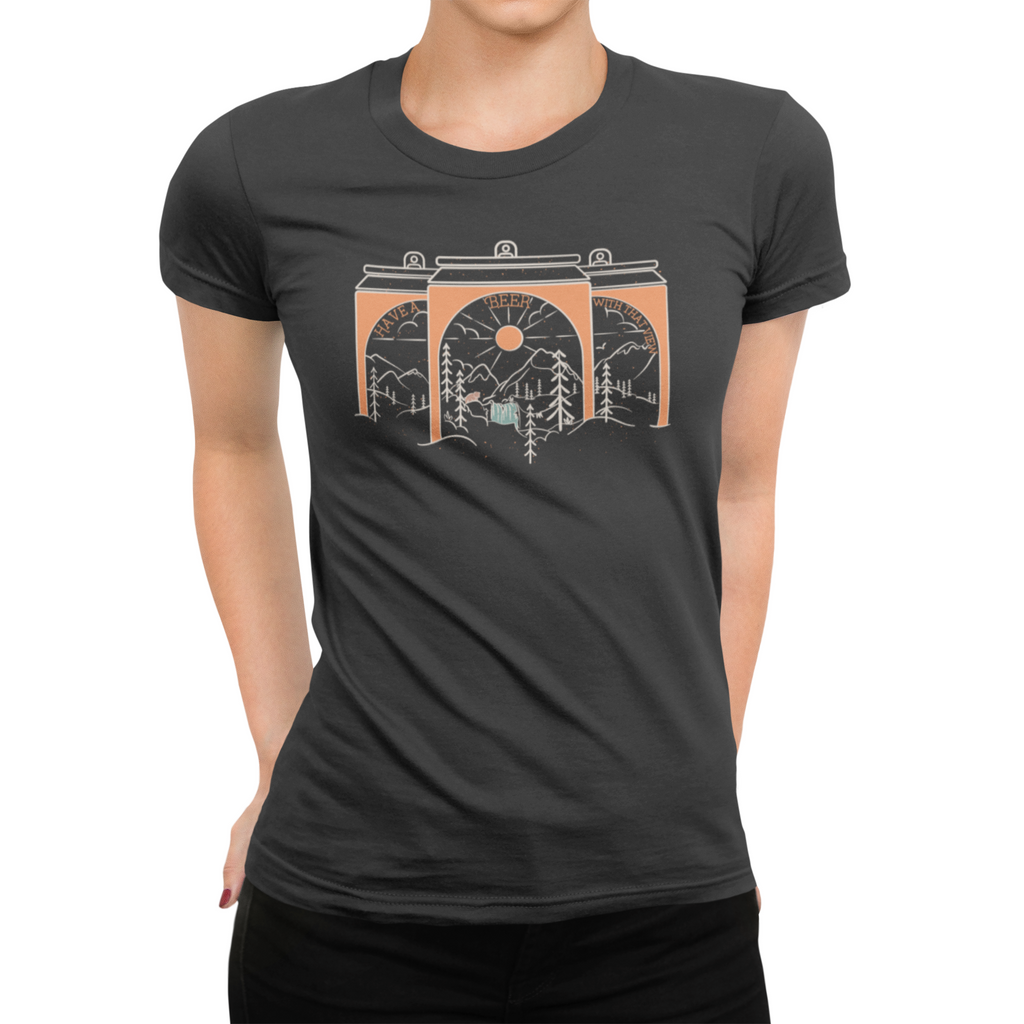 Dark gray shirt with beer cans showing waterfall, trees, and sunset