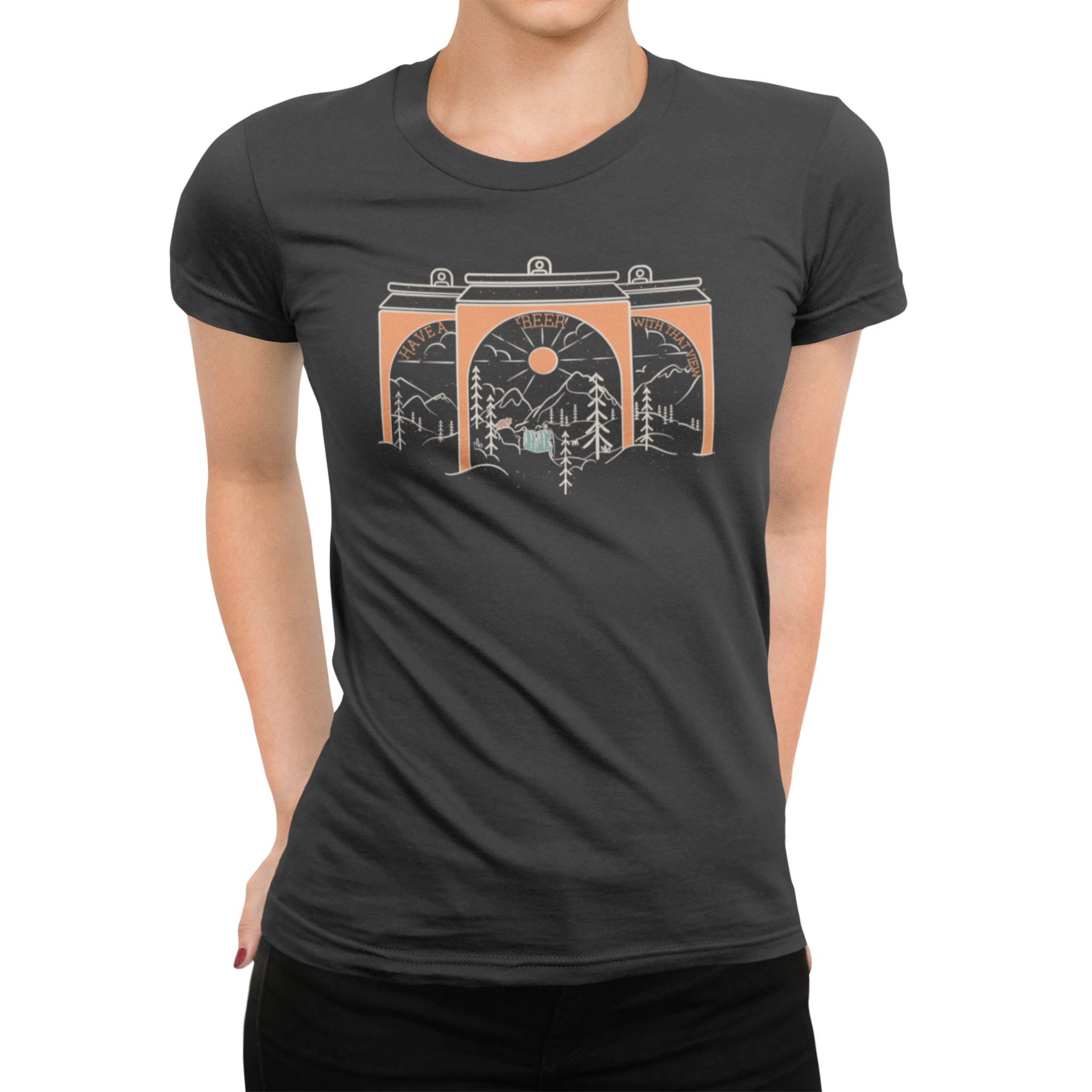Dark gray shirt with beer cans showing waterfall, trees, and sunset