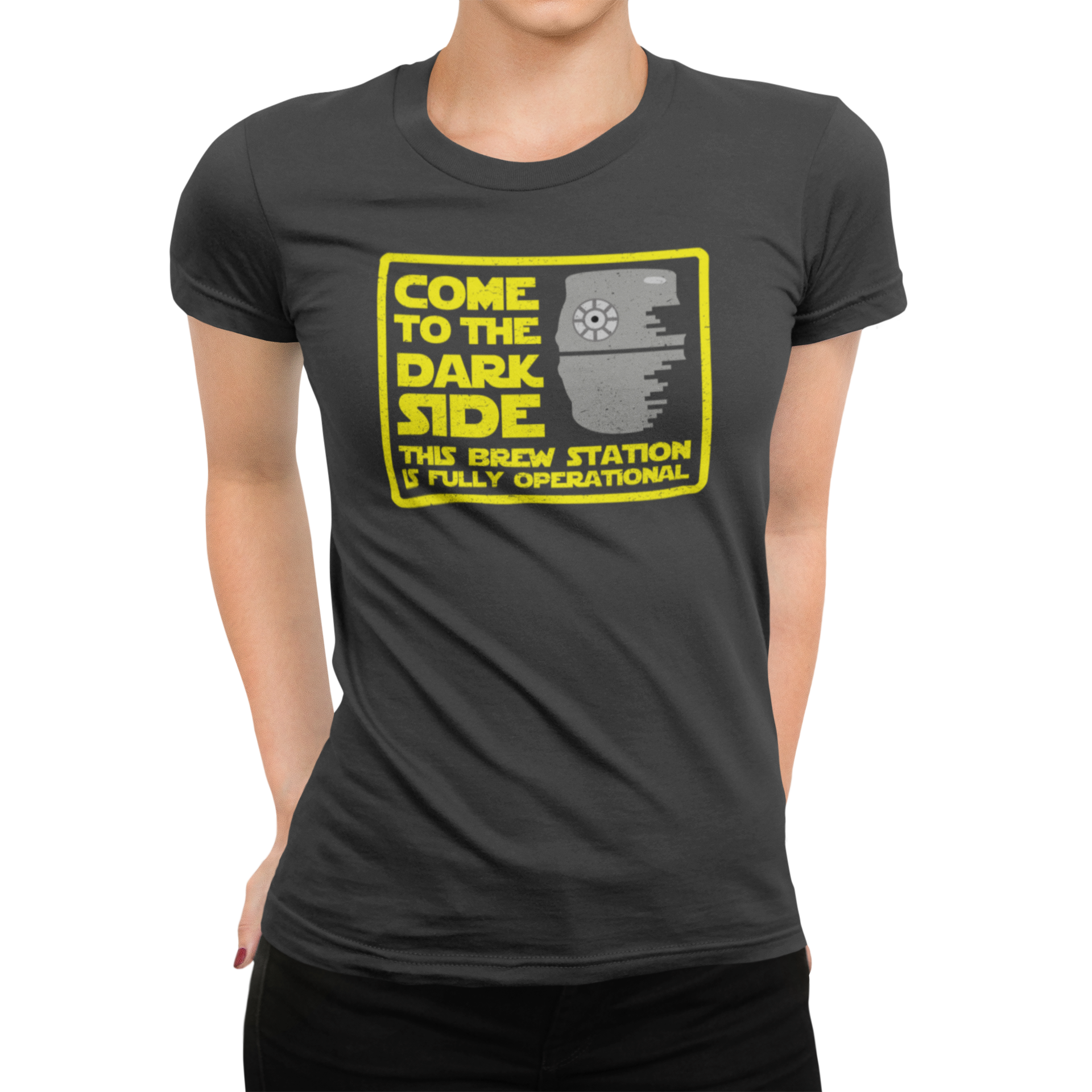 Yellow box design with parody sci-fi quote and keg image on black shirt