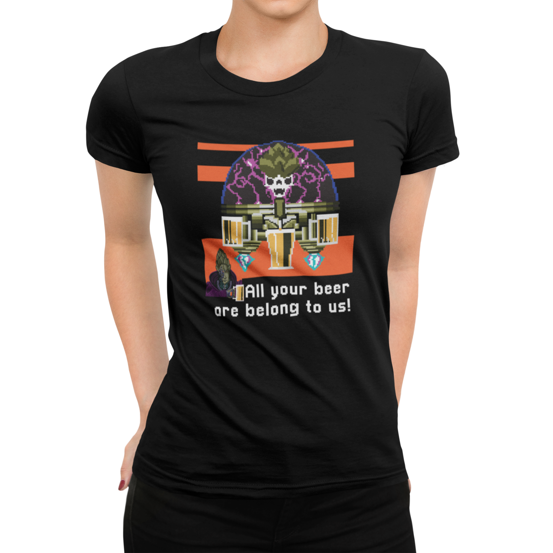 Ladies' "All Your Beer Are Belong To Us" T-Shirt styled casually.