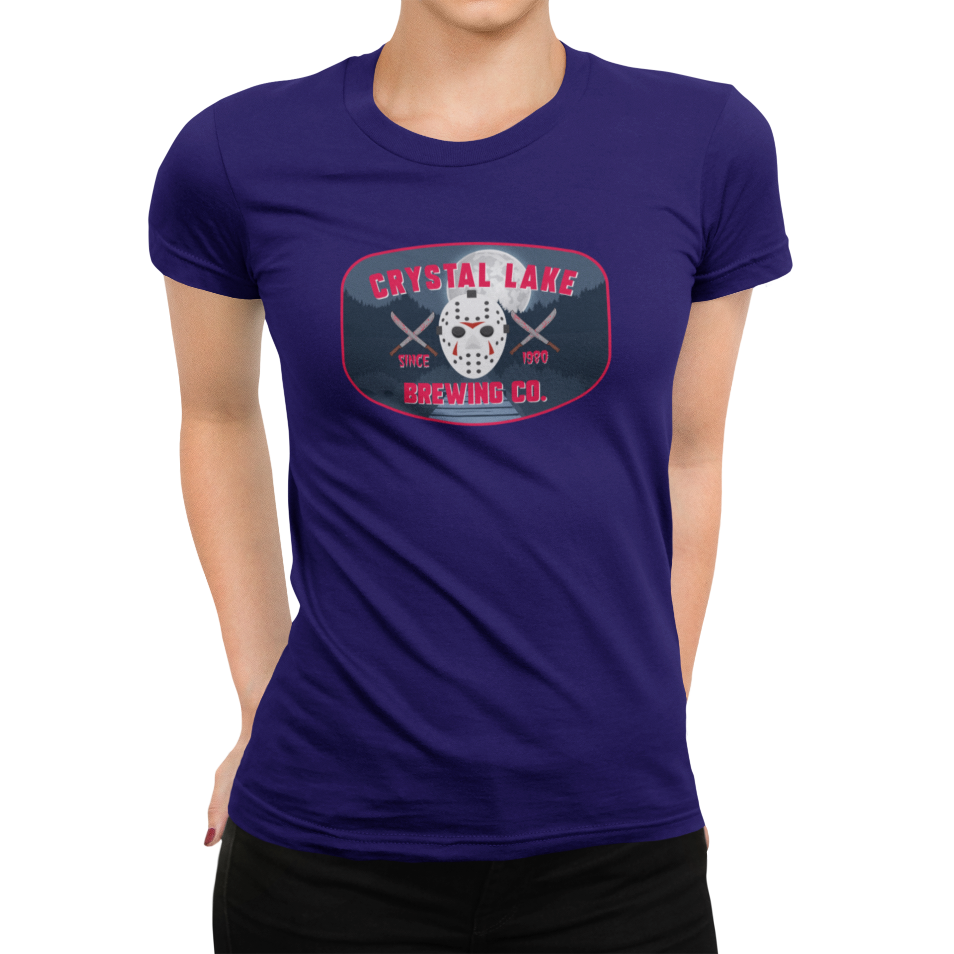 Navy horror shirt with since 1980 Crystal Lake Brewing Co. design