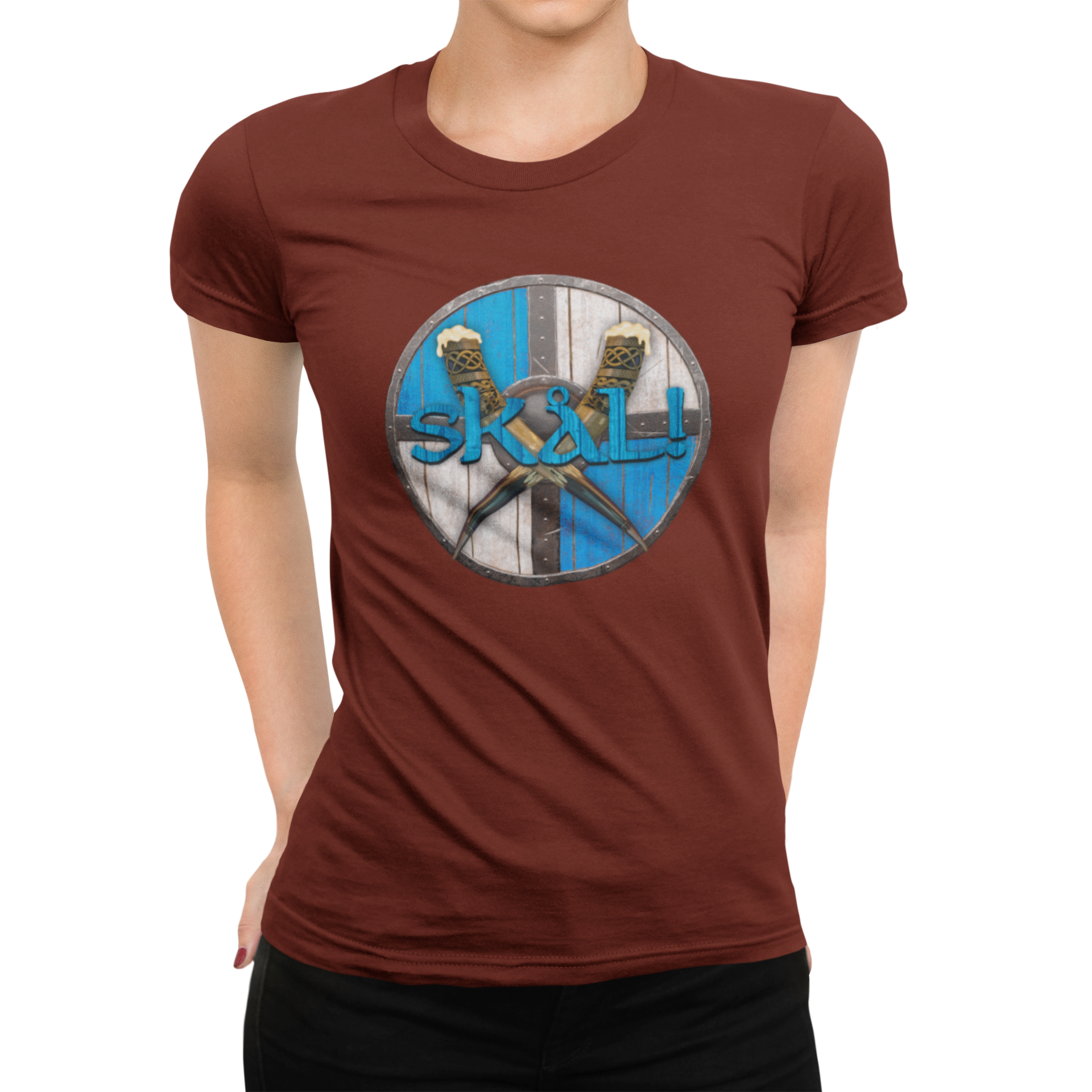 Distressed shield panels in brown and white with runic cheer on tee
