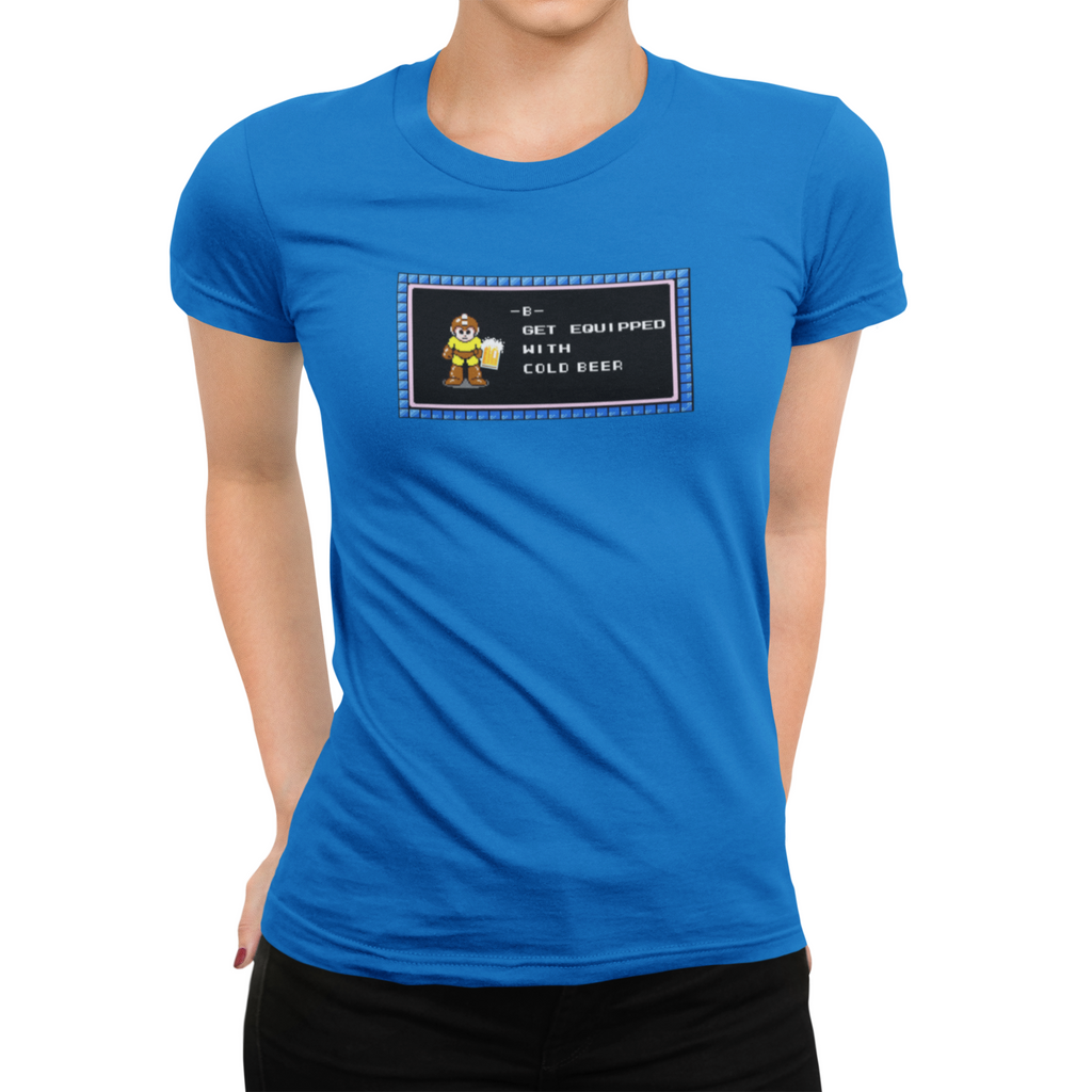 Blue t-shirt with pixelated game character and beer-themed text