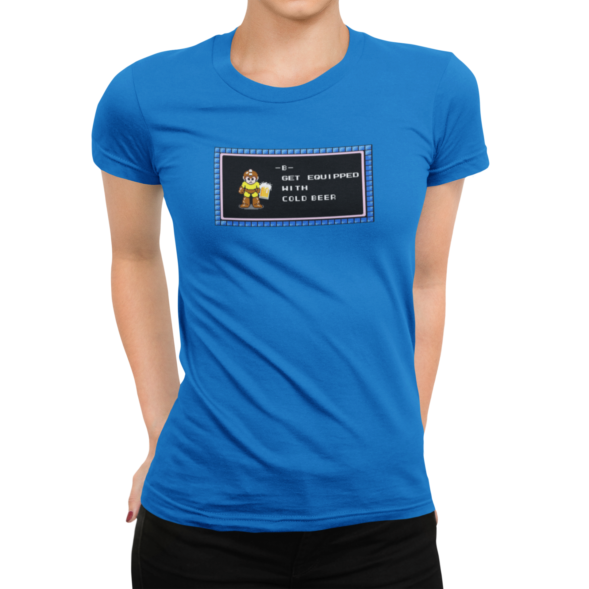 Blue t-shirt with pixelated game character and beer-themed text