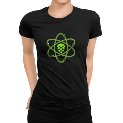 Women’s Brewing Science T-shirt with atom and hop cone nucleus design