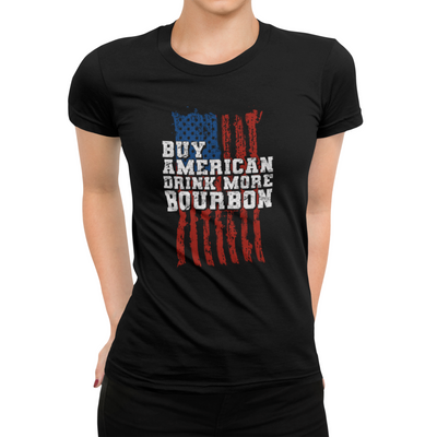 Black Buy American, Drink More Bourbon T-Shirt On Model