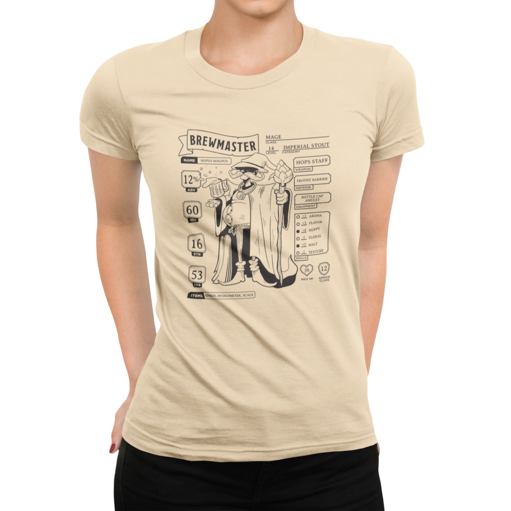 Short-sleeve fitted T-shirt with beer brewing character sheet for RPG fans