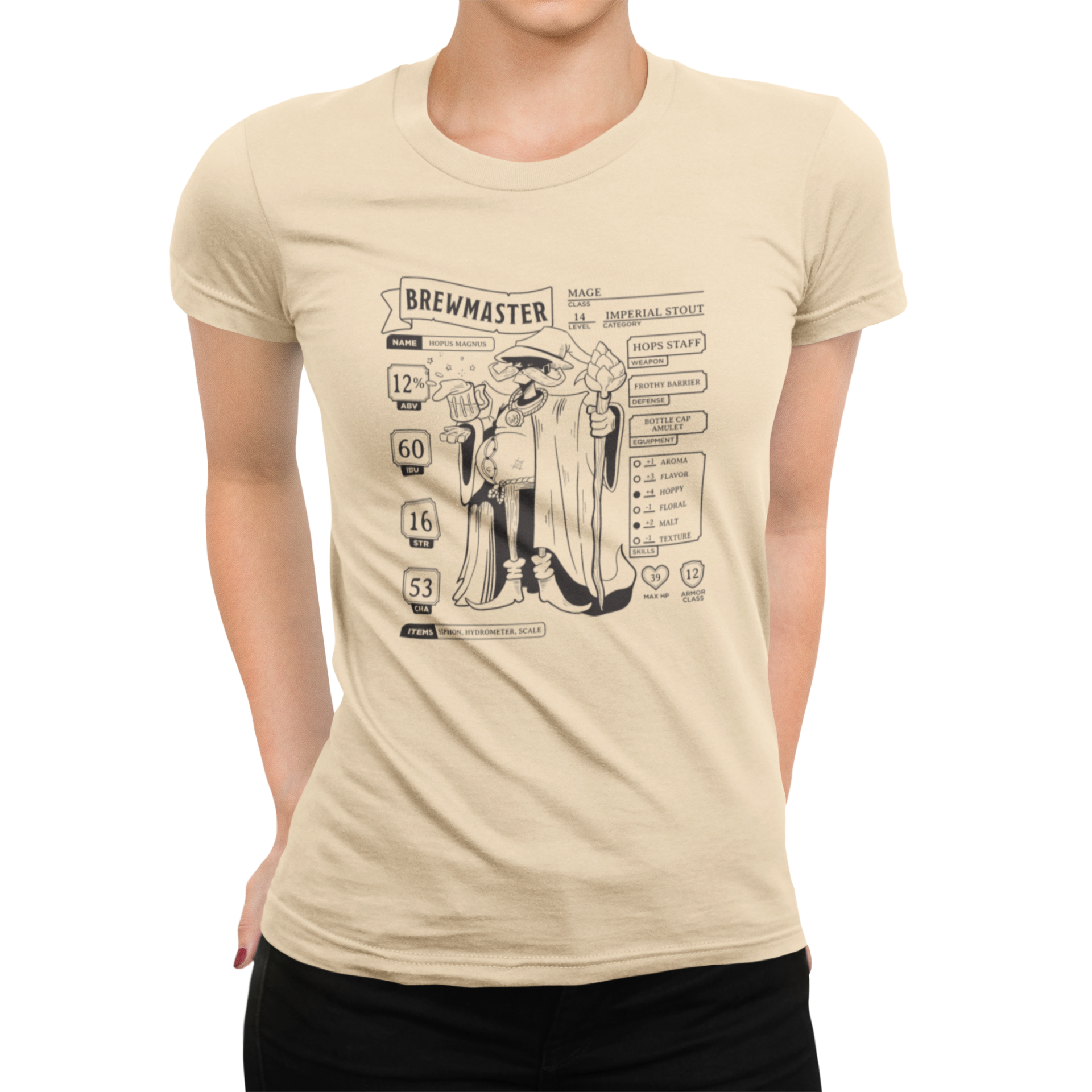 Short-sleeve fitted T-shirt with beer brewing character sheet for RPG fans