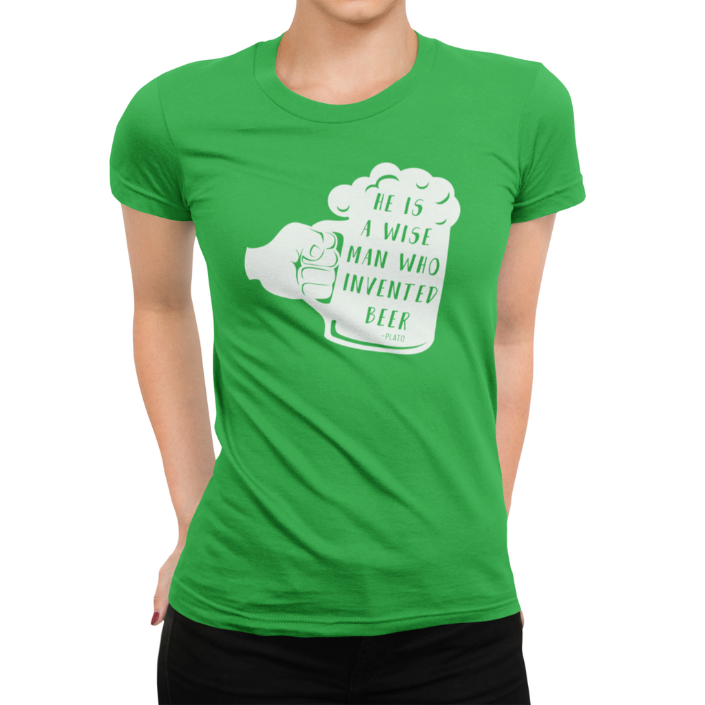Women's Beer mug graphic tee with misattributed Plato quote