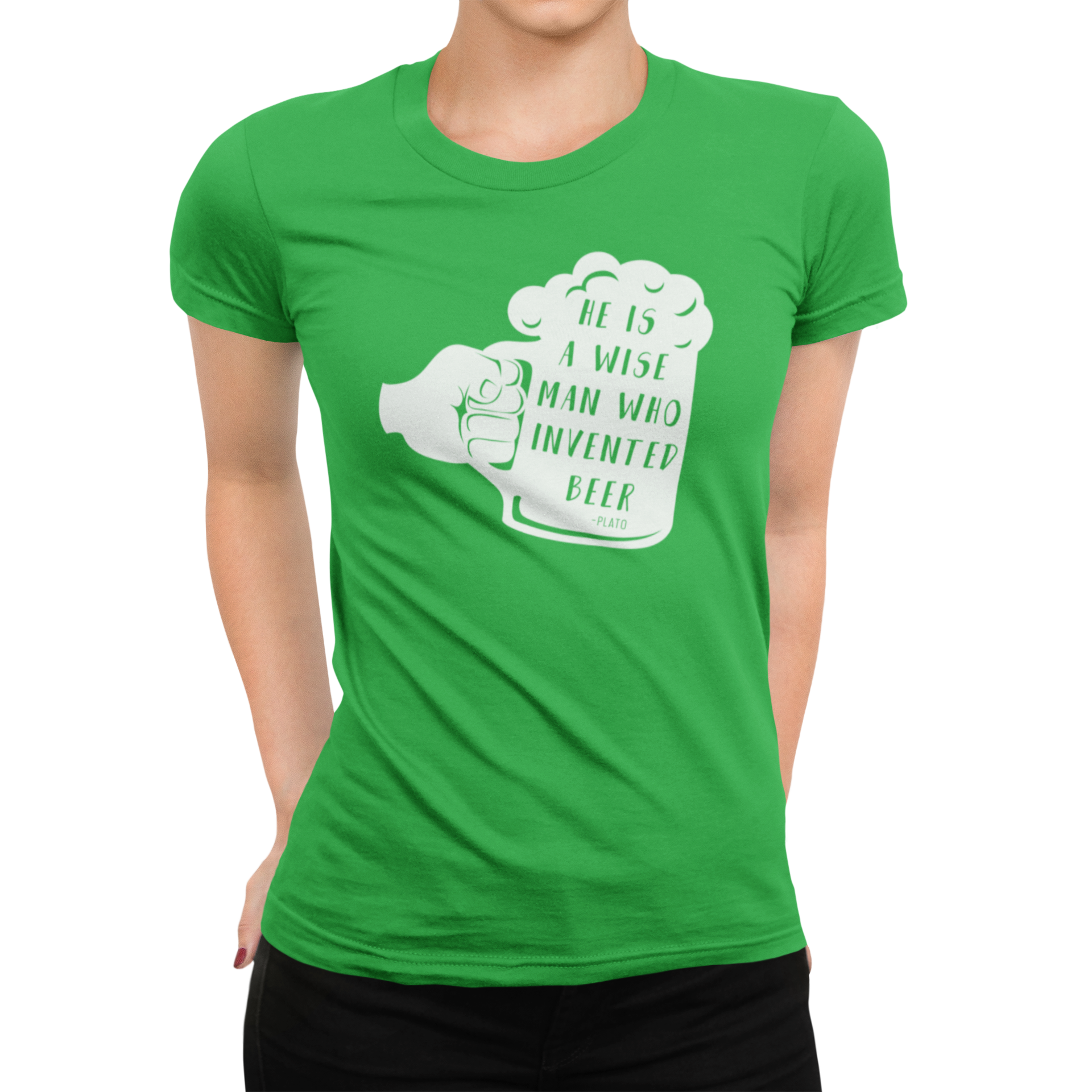 Women's Beer mug graphic tee with misattributed Plato quote