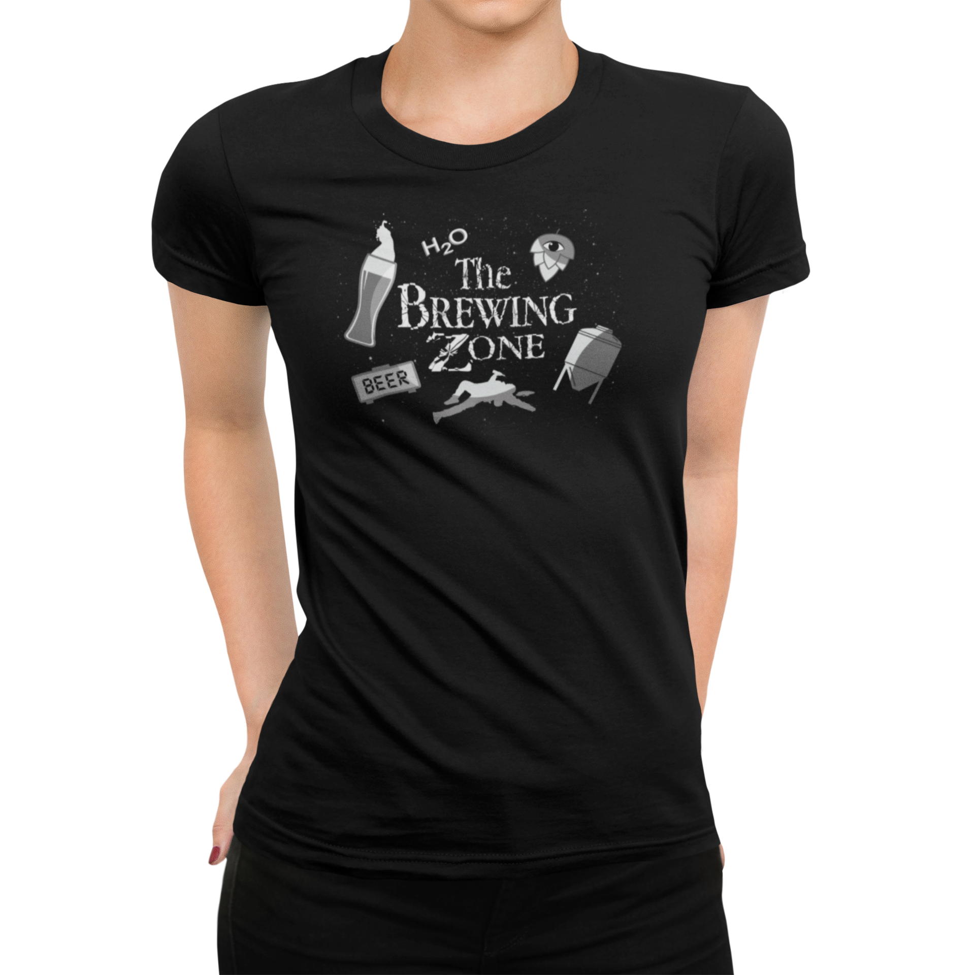 Women's ringspun cotton shirt parodying Twilight Zone with brewing elements
