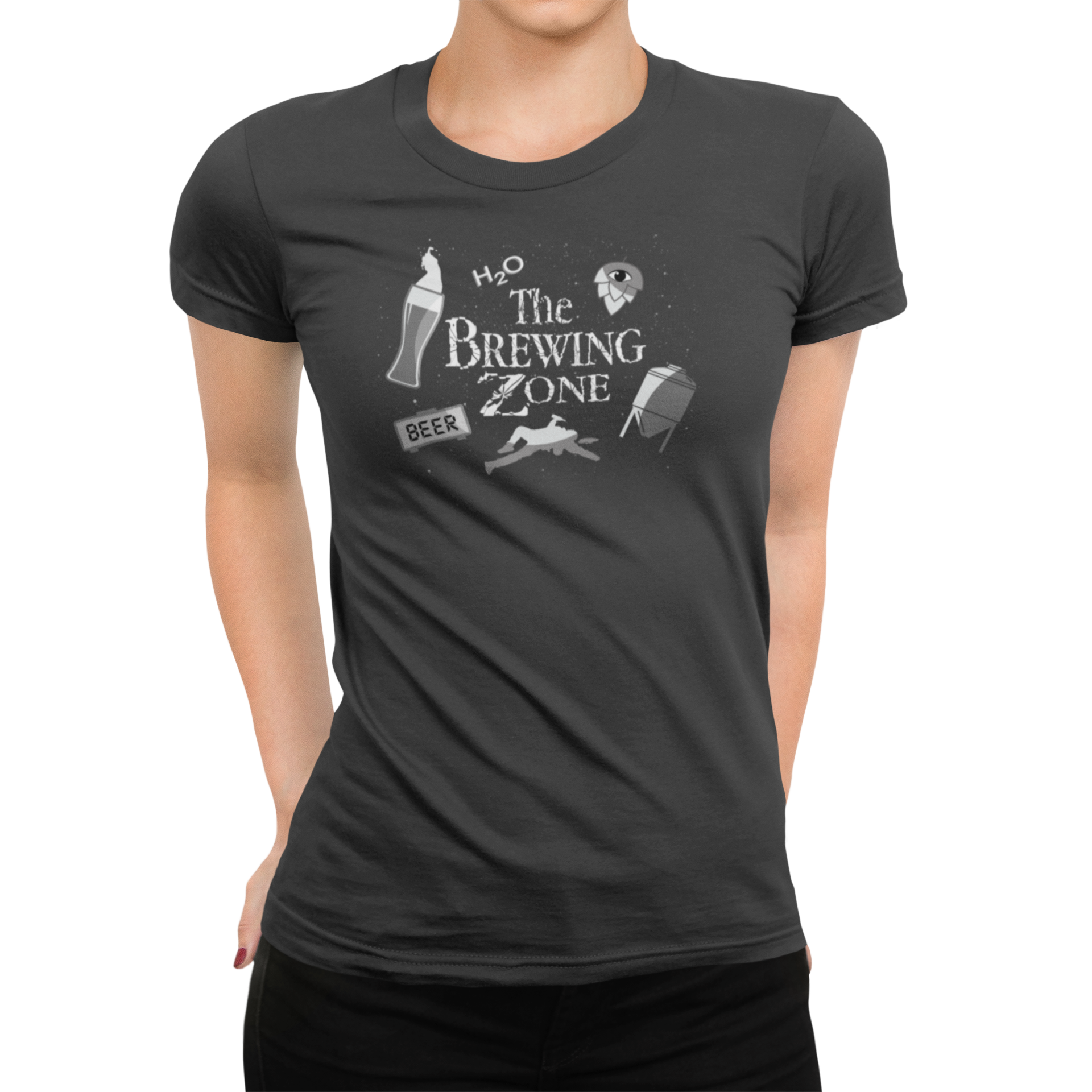 Front view of women's black or gray t-shirt with beer-dimension graphic