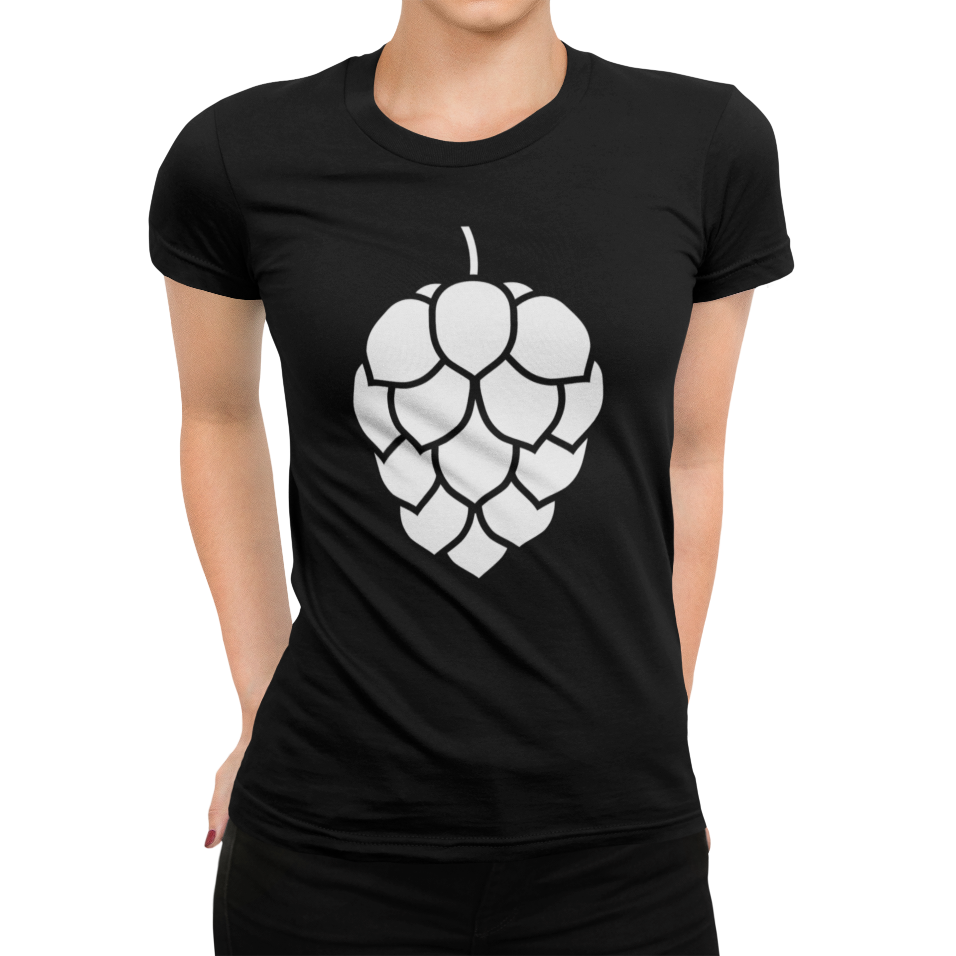 Women's black T-shirt with large hop cone print in white