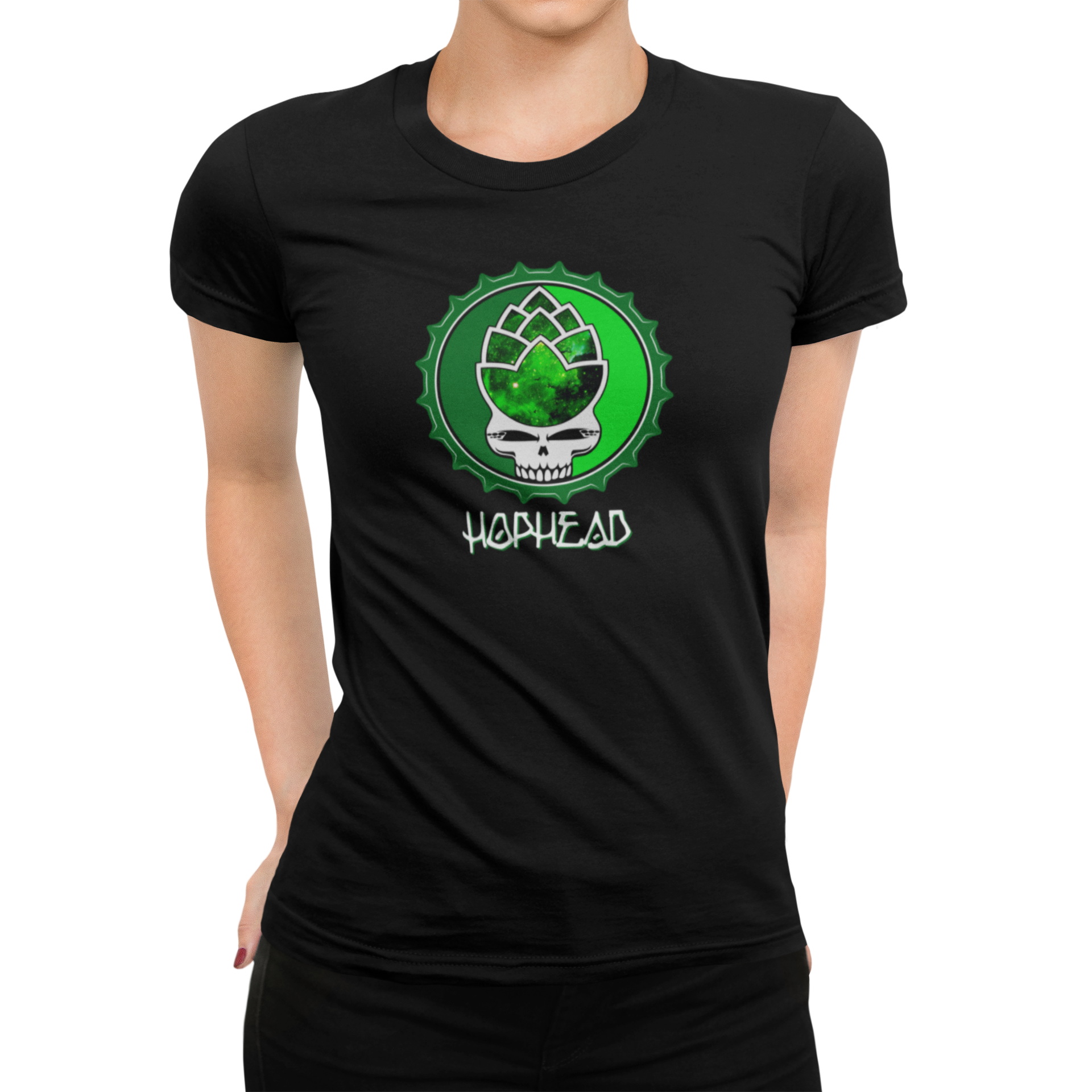 Hop head skull women's beer tee with grungy bottle cap frame