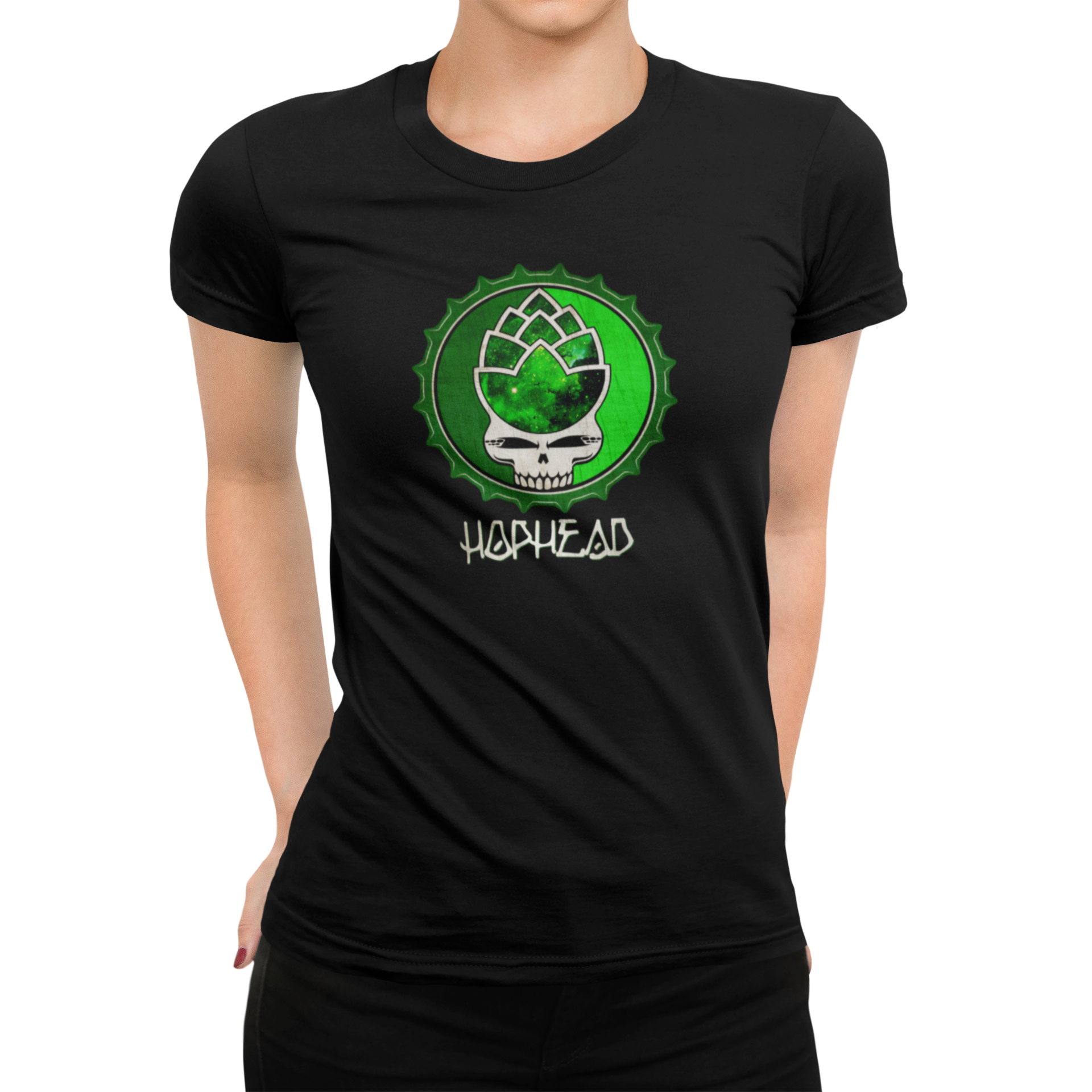 Cosmic green hop skull design on craft beer women's t-shirt