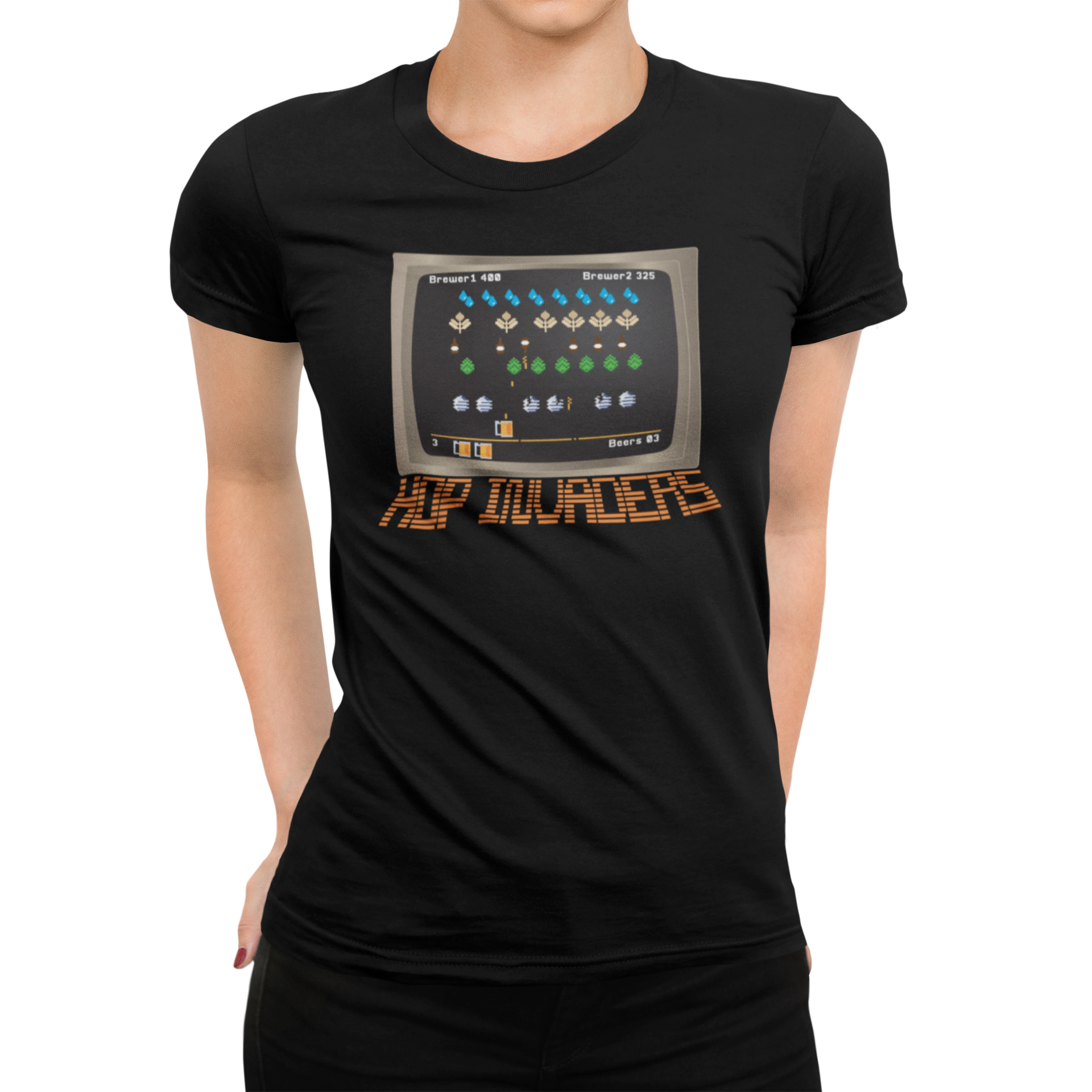 Women's retro gaming beer t-shirt with pint count and hop-invader art”