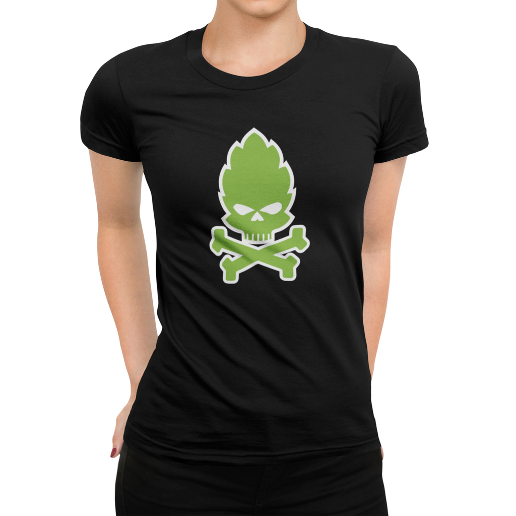 Women's hophead T-shirt featuring skull and crossbones hop log