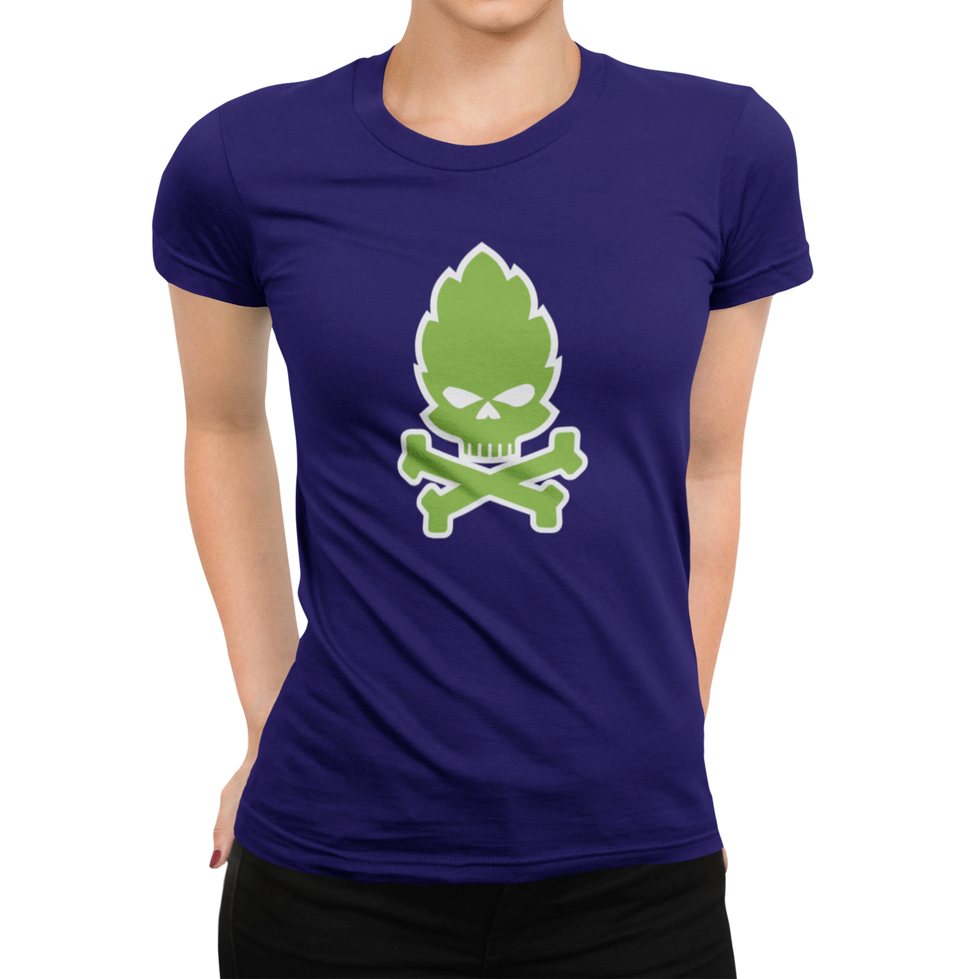 Purple women's beer shirt with bold hop skull and crossbones