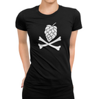 Women's craft beer shirt with white hop cone skull above two crossed bones