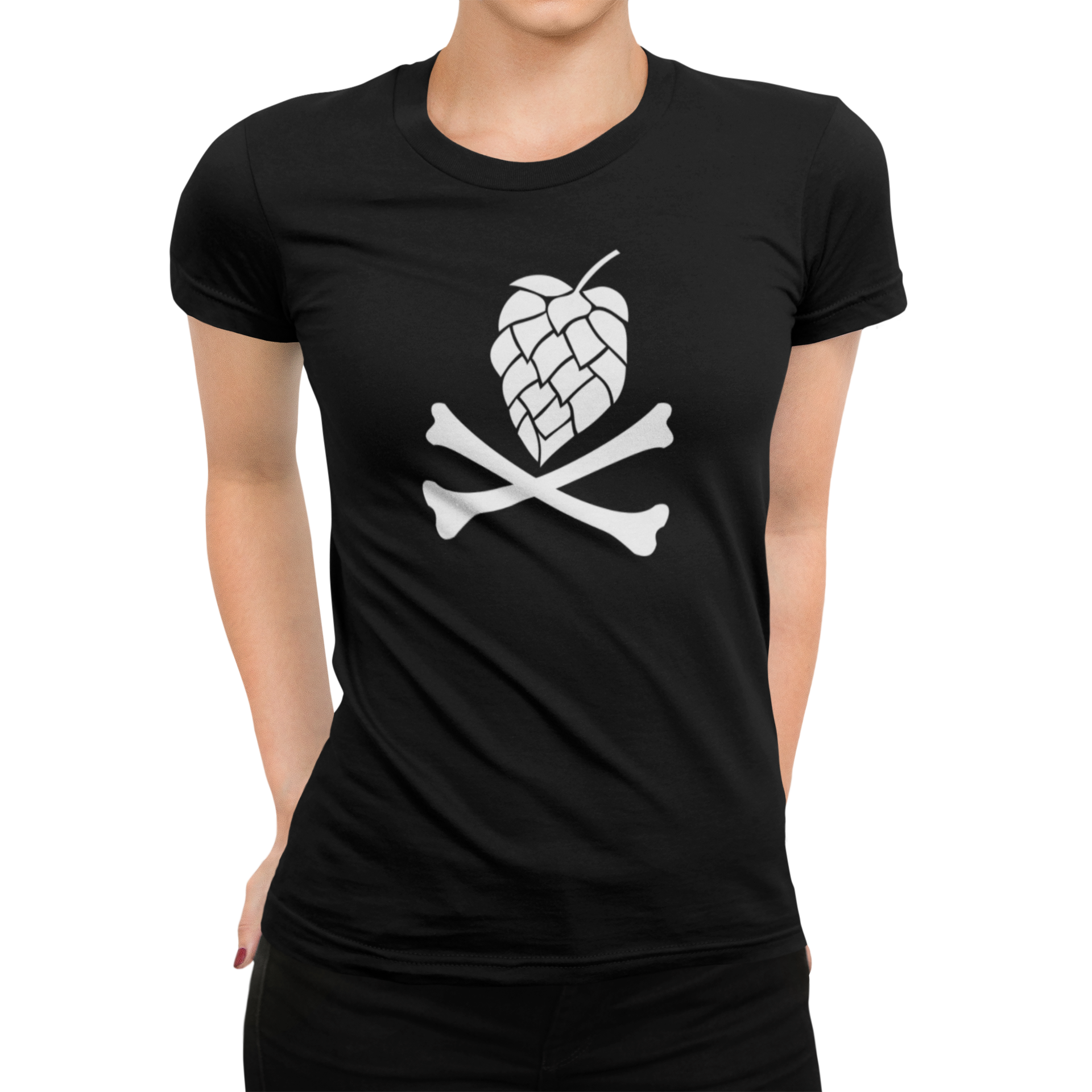 Women's craft beer shirt with white hop cone skull above two crossed bones
