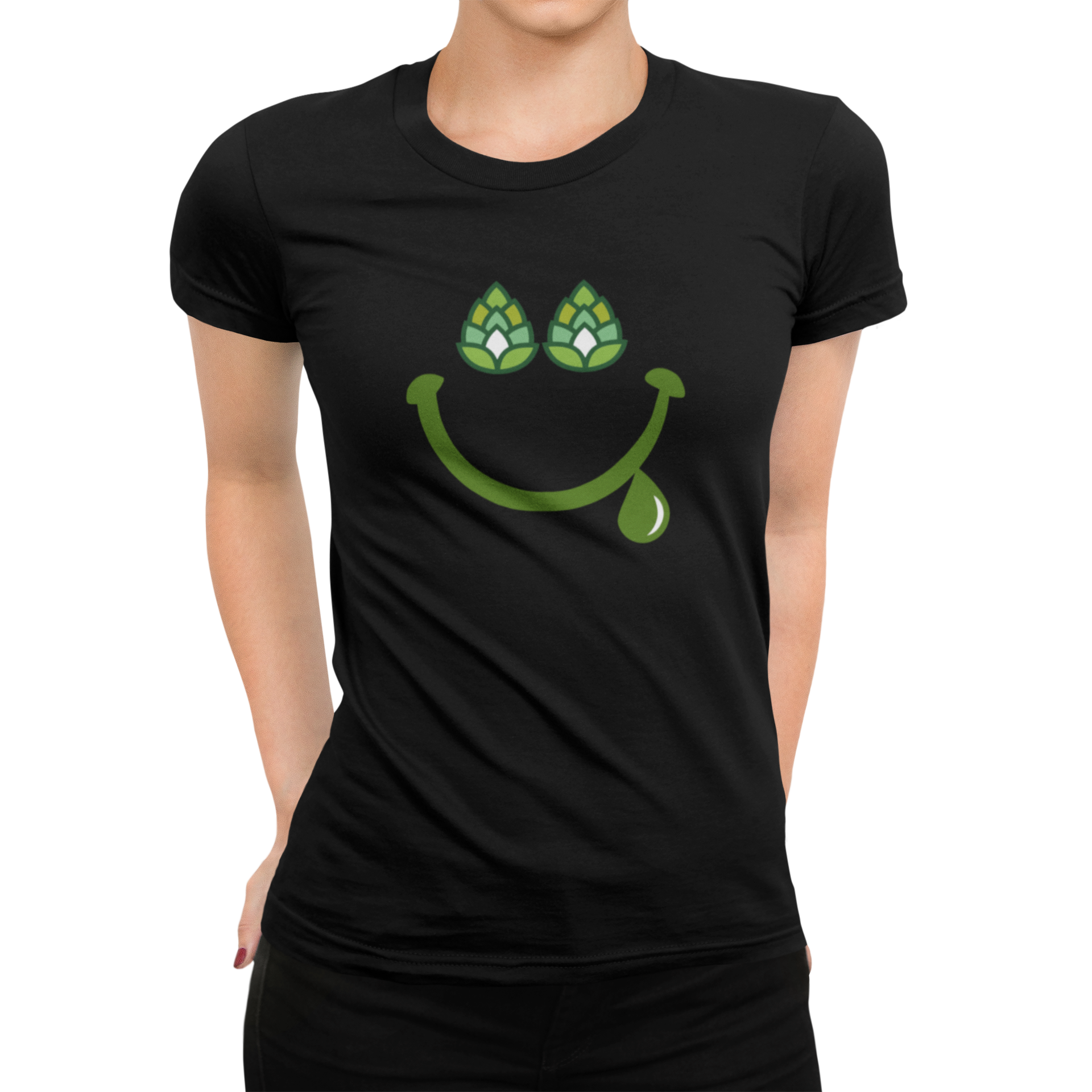 Women's black tee with green hop cone eyes and dripping mouth design