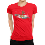 Women's red ringspun cotton shirt with Hoppy Christmas hop vine and snowflake graphic