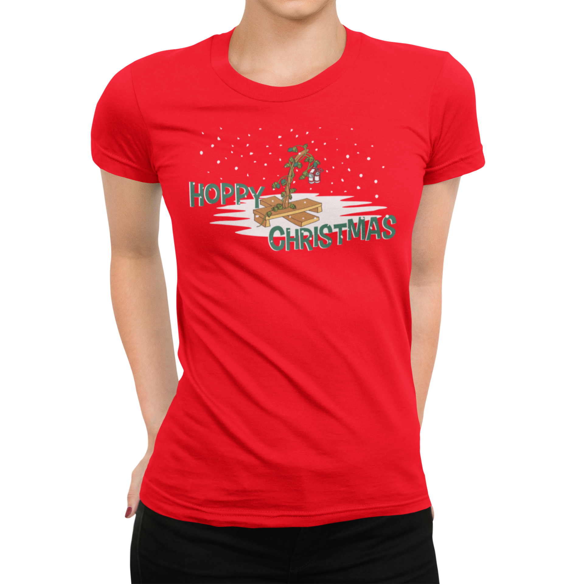 Women's red ringspun cotton shirt with Hoppy Christmas hop vine and snowflake graphic