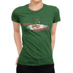 Women's Christmas beer tee featuring a lone hop vine holding two pints